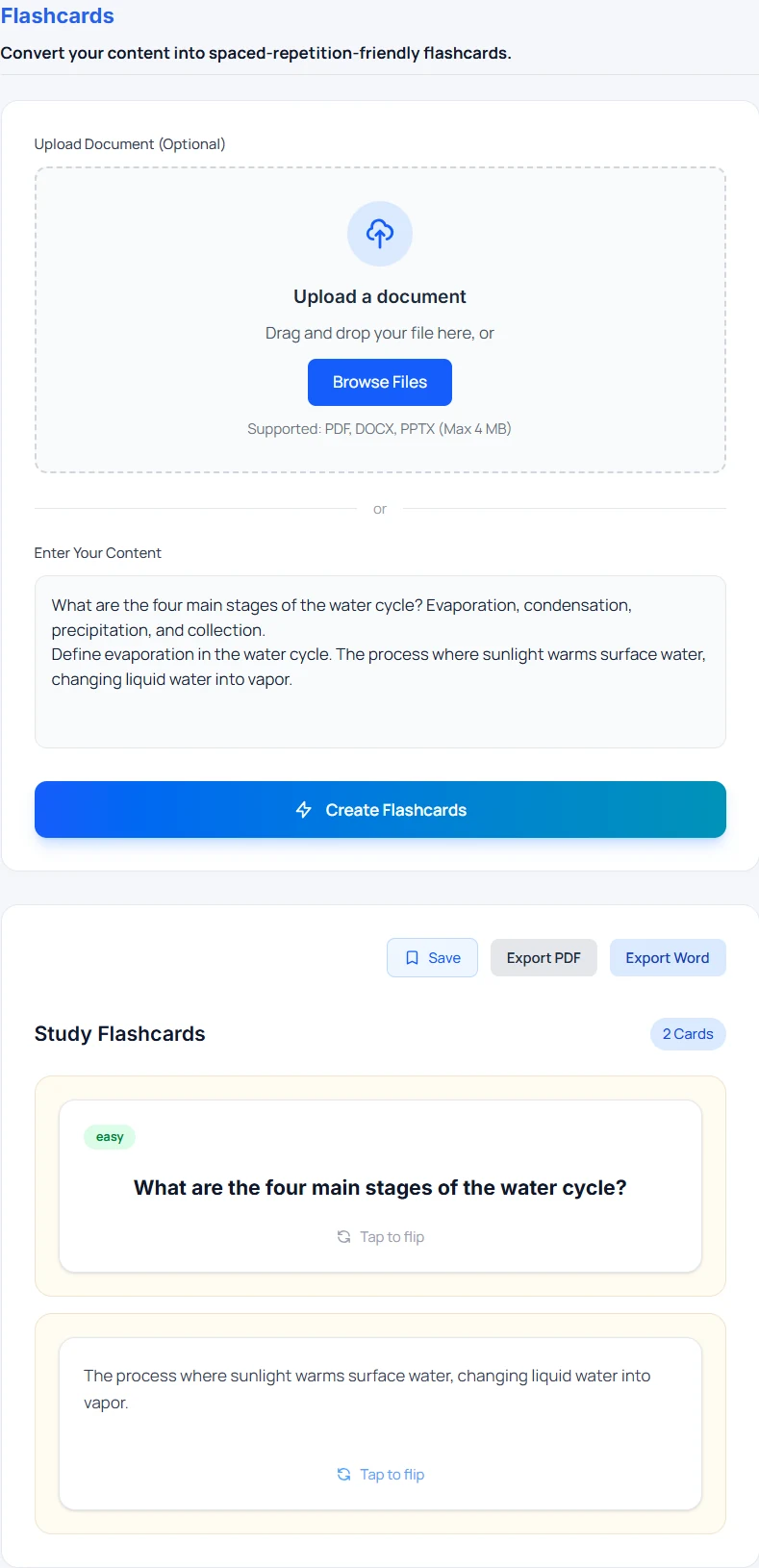 Flashcard tool · input and saved result