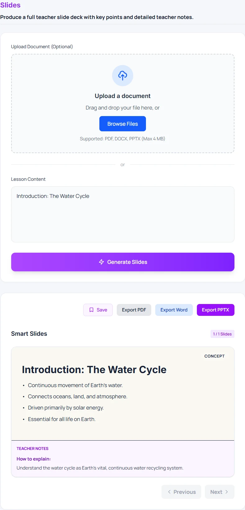 Teacher slides tool · input and saved result